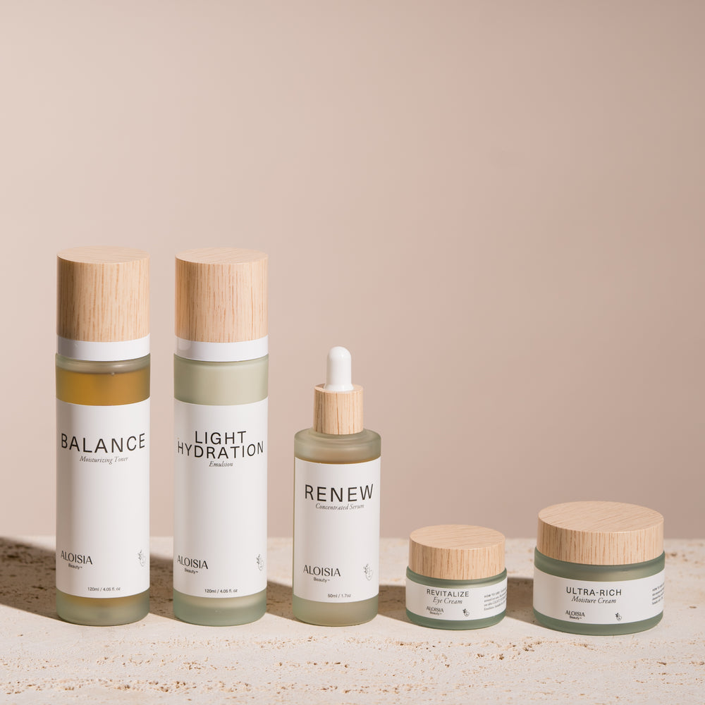 Aloisia Beauty Anti-Aging & Brightening Collection - Value Set including Balance Moisturizing Toner, RENEW Concentrated Serum, Light Hydration Emulsion, Revitalize Eye Cream, Ultra-Rich Moisture Cream. Clean Beauty, K-Beauty, Skincare