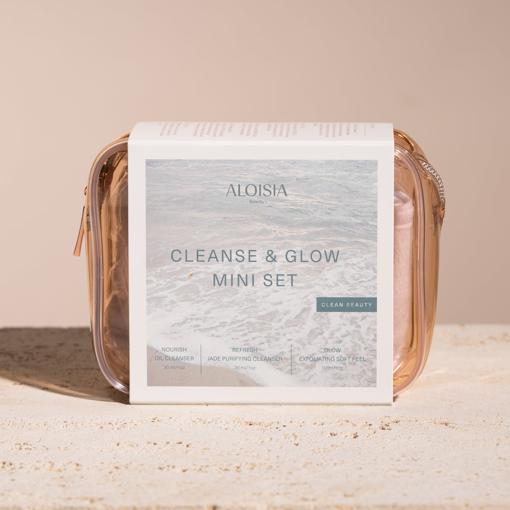 CLEANSE & GLOW Mini Set includes minis of our NOURISH Oil Cleanser (30 ml), REFRESH Jade Purifying Cleanser (30 ml) GLOW Exfoliating Soft Peel (30 ml), and an Aloisia Beauty headband and reusable travel bag. Travel Sized, Clean Beauty, K-Beauty, Skincare, Skin-care
