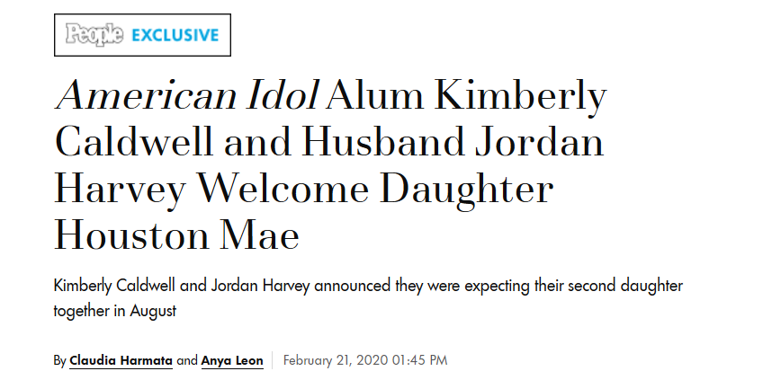 American Idol Alum Kimberly Caldwell and Husband Jordan Harvey Welcome Daughter Houston Mae
