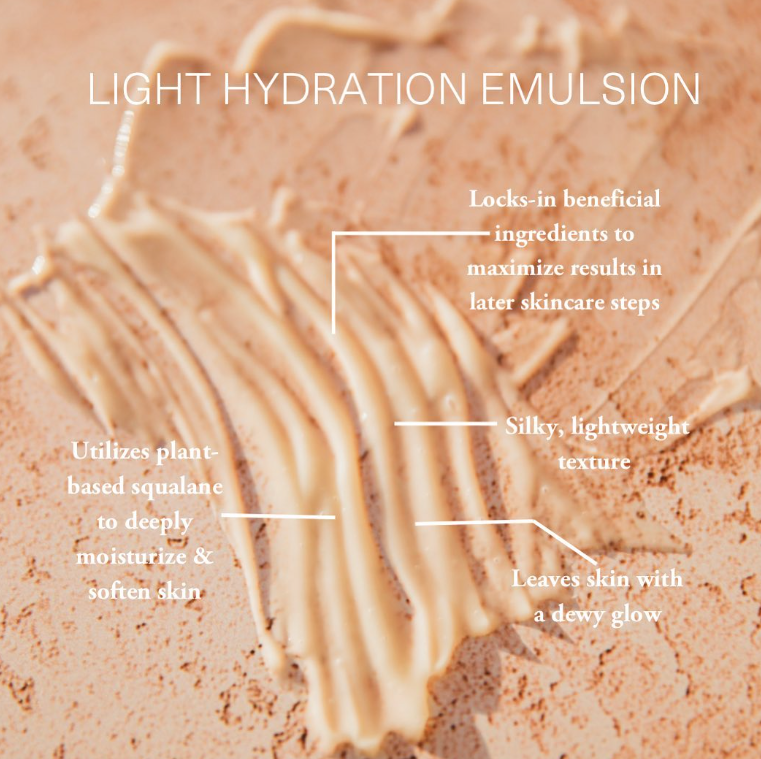 LIGHT HYDRATION Emulsion texture swatch with key ingredient callouts