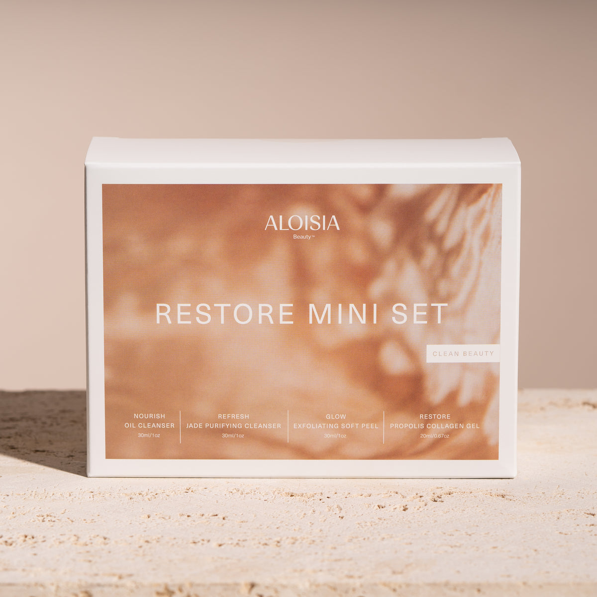 Restore Mini Set includes travel sizes of our best selling skincare essentials. NOURISH Oil Cleanser (30 ml), REFRESH Jade Purifying Cleanser (30 ml) GLOW Exfoliating Soft Peel (30 ml),  RESTORE Propolis Collagen Gel (20 ml) and Aloisia Beauty bag. Clean Beauty, K-Beauty,